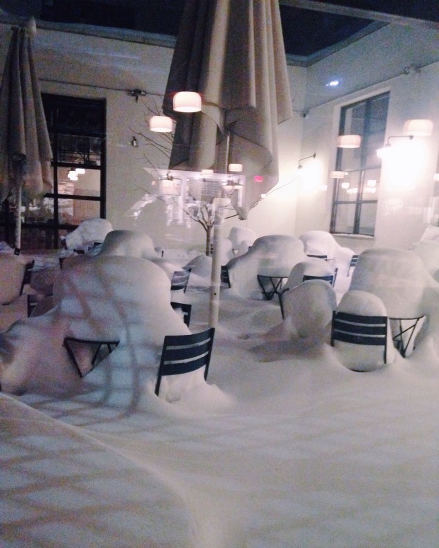 The patio at Berg'n in Crown Heights, Brooklyn, after Snowstorm Jonas