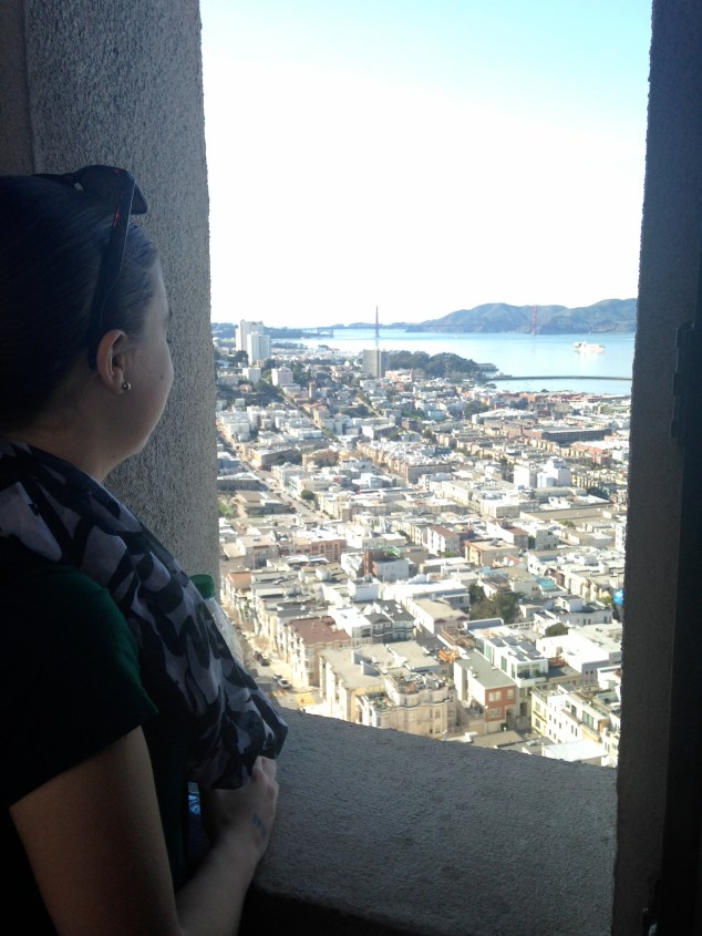 Looking at the Golden Gate Bridge from the Coit Tower, San Francisco