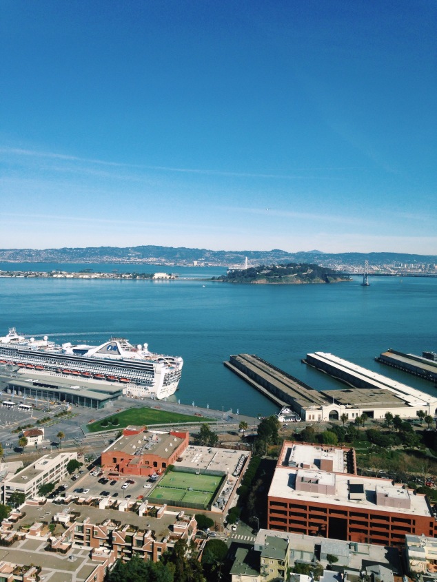 View of the piers and Bay Bridge from Coit Tower, San Francisco