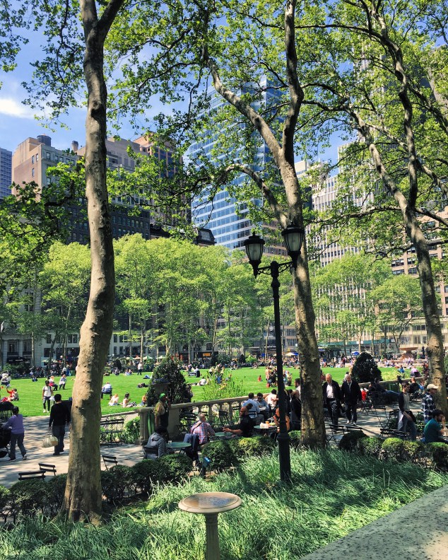 Sun shining, open lawn at Bryant Park