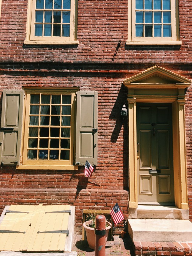 Yellow shutters in Elfreth's Alley, Philadelphia